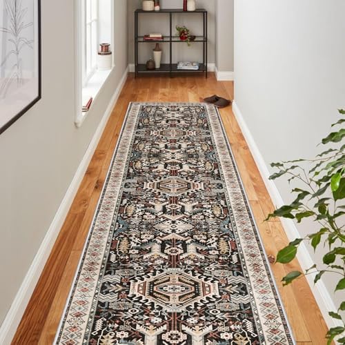 Washable Kitchen Runner Rug 2'6''x12' - Non-Slip Hallway Entryway Rugs with Rubber Backing Soft Thin Carpet for Bathroom Vintage Stain Resistant Indoor Home Decor Mat for Bedroom (Black, 2'6'' x 12') - Image 4