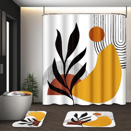 Bathroom Sets with Shower Curtain and Rugs Set of 4 Boho Geometric by Tayney