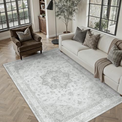 PureCozy Grey 6x9 Washable Area Rug Living Room Vintage Oriental Carpet by PureCozy