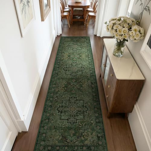 Tranditional Medallion 2x8 Dark Green Runners for Hallways Entryway, Low Pile Washable Non Slip Distressed Printed Carpet Runner Rug 8ft for Kitchen/Bedroom Bedside/Laundry Room/Bathroom - Image 4