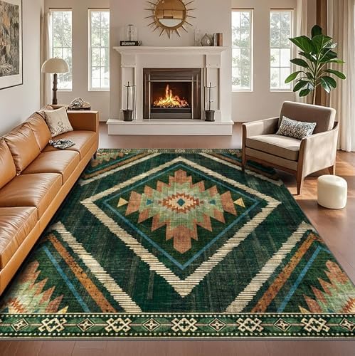 Boho Washable Area Rugs 6x9ft, Large Living Room Area Rug Non Slip, Green Moroccan Bedroom Carpets, Non Shedding Thin Soft Floor Carpet for Dining Room Nursery Home Office by Geanlod