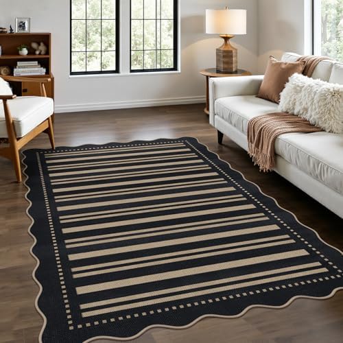 Striped Easy Jute 4x6 Outdoor Patio Rug, Washable Indoor Outdoor Black Kitchen Rugs Farmhouse Neutral Non Slip Area Rug for Living Room Backyard Bedroom by LORWER