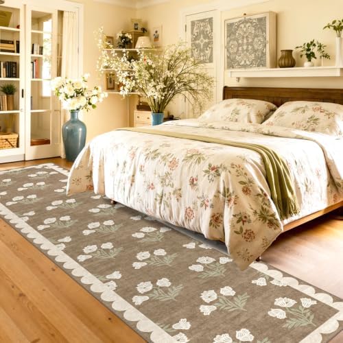 Non Slip Washable Hallway Runner Rug - 2x12 Extra Long Tan Kitchen Runner Rug Soft Boho Runners for Hallways Vintage Floral Scalloped Area Rug for Bedroom Entryway Foyer Stair Runner Decor - Image 4