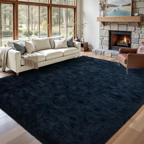 8x10 Area Rugs for Living Room Fluffy Blue,Plush Soft Navy Blue Shag Carpet for Living Room Boys Book Room Nursery Kids Playroom Dorm Decor by Lo%CC%80utiRootHome