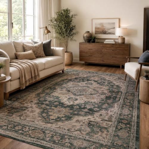 Rugshop Vintage Medallion Machine Washable Non-Slip Area Rug, 5'x7' Green by Rugshop