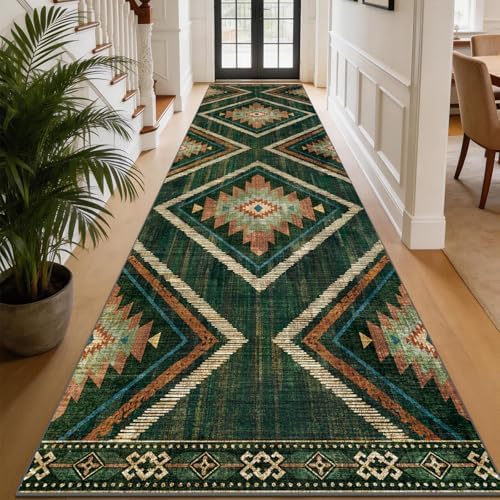 Boho Runner Rugs for Hallway 3x14Ft Non Slip, Long Wide Green Moroccan Washable Kitchen Rug Runner, Soft Geometric Entryway Floor Carpets for Entrance Doorway Home Office Decor by Geanlod
