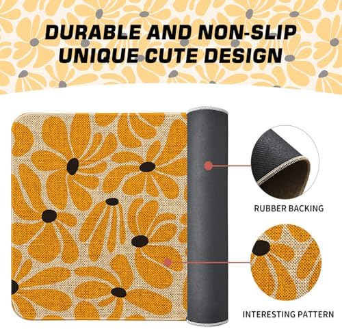 Spring Daisy Floral Kitchen Mats Decor, Yellow Retro Groovy Flower Power Kitchen Rugs Sets of 2, Vintage 1970s Floral Rug Home Decorations Indoor - Image 5