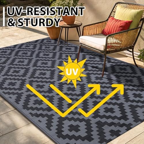 Smiry Outdoor Rug 9x12 ft Waterproof Reversible Boho Mat, Black & Grey - Image 5