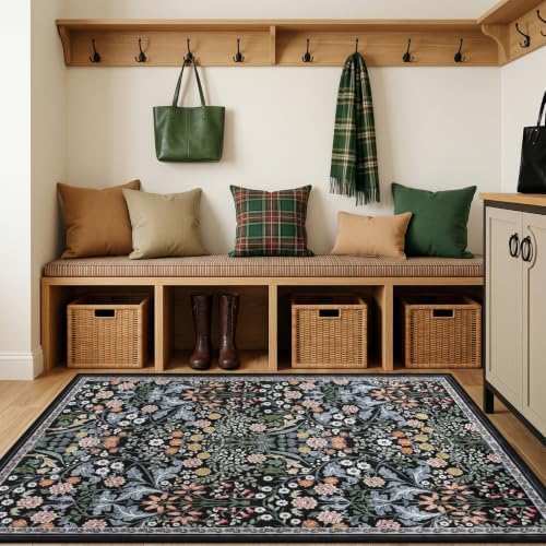 PLHXFR Area Rug Living Room: 3x5 Floral Washable Boho Carpet Dark Black - Image 5
