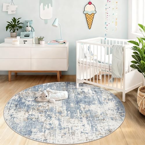 XLUEZ Round Rug 4ft for Bedroom, Washable Modern Abstract Circle Rug Neutral Soft Non Slip Kids Rug Stain Resistant Indoor Carpet for Living Room Nursery Playroom Dorm Girls Boys Room(Blue, 4' Round) - Image 3