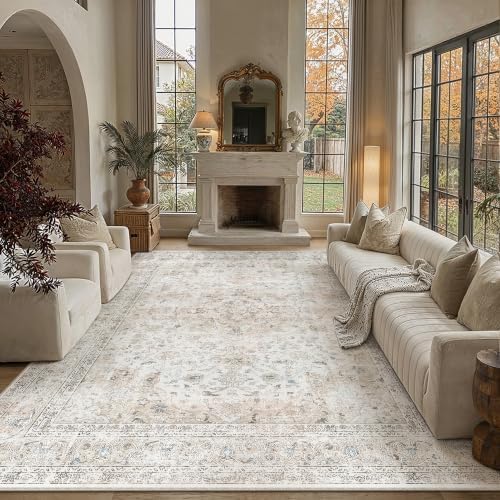 9x12 Washable Area Rug Beige Grey Softer Vintage Carpet by WondRg