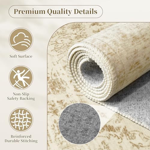 Beige Washable Rug 6x9, Non Slip Vintage Area Rug for Bedroom, Living Room - Image 4