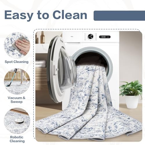 6x9 Area Rugs for Living Room: Washable Rug Vintage Large Rugs Soft Non Slip Low Pile Rug Floral Distressed Floor Carpet for Bedroom Kitchen Nursery Dining Room Home Office (Blue, 6'x9') - Image 5