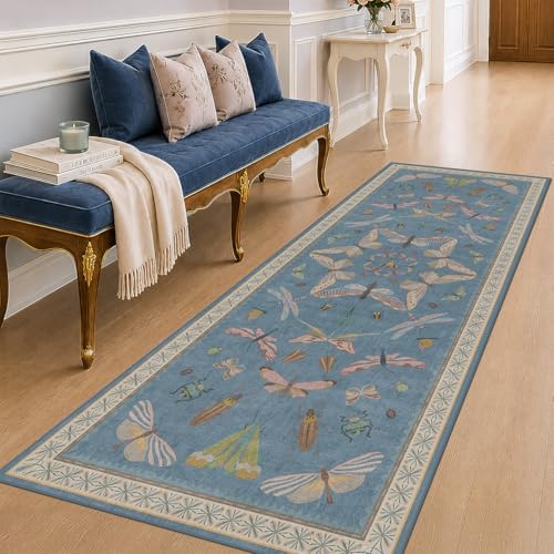 Vintage Blue Insect Hallway Runner Rug 3x8 Long, Non Slip Washable Carpet for Kitchen & Entryway Décor by HazoHaus