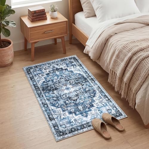 GarveeHome Washable Rug 2x3 Vintage Small Entryway Rugs Blue - Image 3