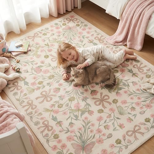 5x7 Pink and Green Floral Butterfly Bow Area Rug for Living Room by Unknown