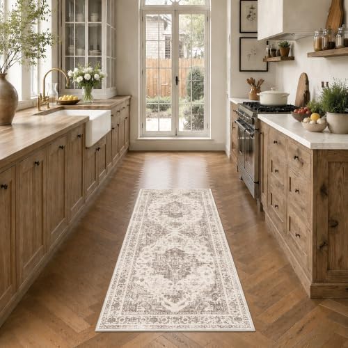 2x5 Washable Kitchen Runner Rug Non-Slip Medallion Taupe Throw Carpet - Image 2