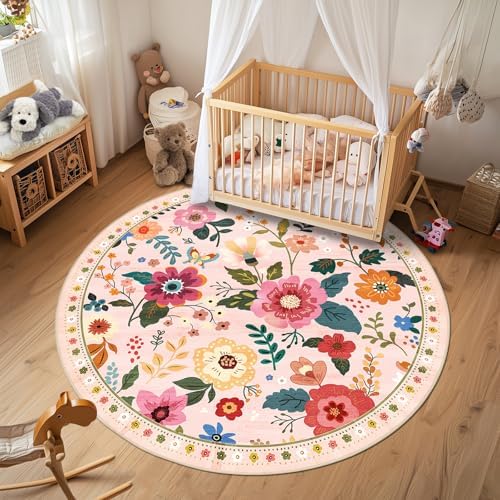 RELEANY Floral Washable Round 4ft Area Rug Pink by RELEANY