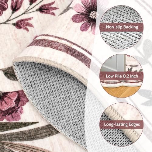 Scalloped Floral Rug 5x7, Burgundy Ivory Washable Non Slip Area Rug for Girls Bedroom, Soft Low Pile Cottagecore Carpet for Nursery, Dorm, Kids Room, or Living Room - Image 6
