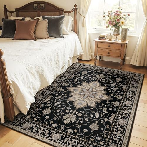 RELEANY Washable Area Rug, 4'x5', Black/Neutral by RELEANY
