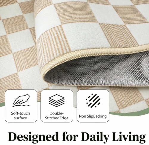2x3 Checkered Area Rug for Living Room, Soft Low Pile Warm Taupe rugs - Image 5