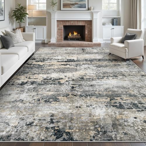 pmtsns Area Rugs 10x14 Living Room: Washable Rug Modern Abstract Neutral Soft Non-Slip Low-Pile Indoor Large Carpet for Bedroom Dining Room Playroom Home Office (Black Grey Brown, 10'x14') by pmtsns