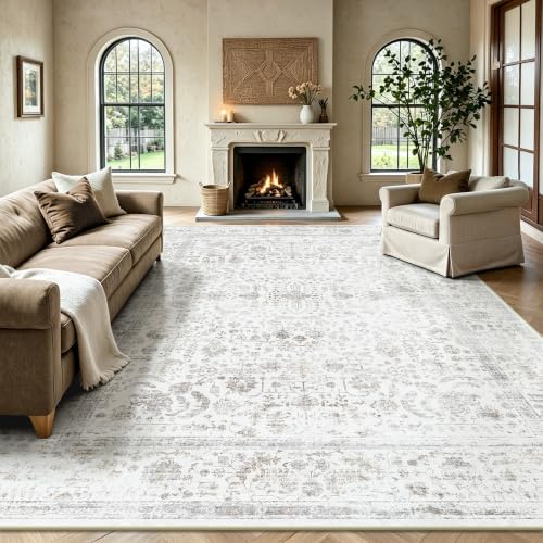 8x10 Area Rugs for Living Room, Washable Vintage Retro Floral Rug, Low Pile Non Slip Distressed Large Carpet for Bedroom, Dining Room, Office, Home (Beige & White) by Yarooge