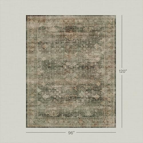 Boho 8x10 Moss Green Area Rugs for Living Room, Bedroom, Cottagecore Vintage Abstract Distressed Washable Rug for Dining Room, Stain Resistant Low Pile Non-Slip Ultra Soft, Moody Décor - Image 2