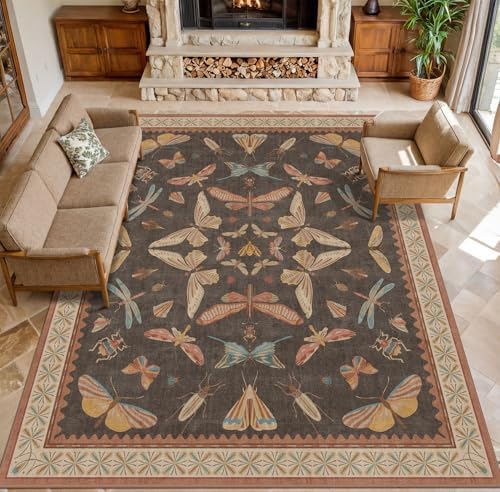Brown 9x12 Living Room Area Rug, Washable Whimsical Insect Carpet for Bedroom & Dining Room, Farmhouse Low Pile Stain Resistant Rug by HazoHaus