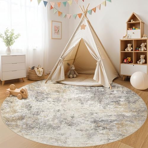 UERMEI 8ft Round Area Rug Living Room Rugs - 8x8 Washable Neutral Modern Abstract Soft Thin Rug Indoor Floor No Slip Rug Carpet for Bedroom Under Dining Table Home Office Decor - Golden Grey - Image 4