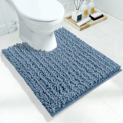 Yimobra Toilet Rug U Shaped Washable 24x20 Inch - Ultra Soft Absorbent Chenille Bath Rugs for Toilet, Quick Dry & Machine Washable, Non Slip Contour Bathroom Mat, Denim Blue by Yimobra
