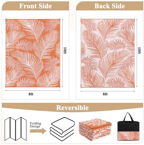Pauwer Waterproof Outdoor Rug 8x10, Plastic Straw Patio Rug, Leaf Orange - Image 2