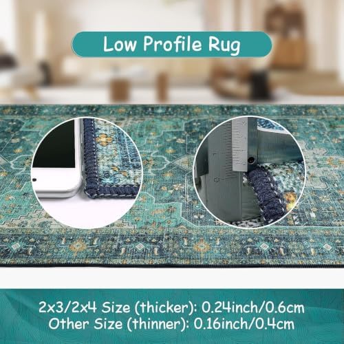 Moynesa Ultra-Thin Washable Round Rug - 4ft Oriental Circle Area Rugs for Bedroom Entryway, Teal Vintage Non Slip Non Shedding Low Pile Carpet for Living Room Coffee Table Kitchen - Image 5