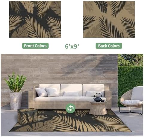 GENIMO Outdoor Rug 6' x 9' Waterproof for Patios Clearance, Reversible Plastic Straw Camping Carpet with Rectangle Storage Bag, Large Area Rugs and Mats for RVs,Garden, Beach, Black&Brown - Image 2