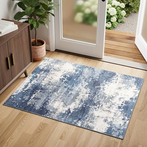 Entryway Rug 2x3 Blue Door Mat Indoor Entrance 24x36, Washable Small Throw Rugs for Kitchen Floor, Entry, Front Door, Bedroom Bedside, Non-Slip Low Pile Stain & Fade Resistant, Abstract Navy by Acapet