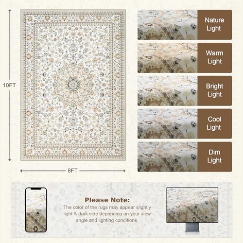 8x10 Area Rugs Living Room: Washable Vintage Rug for Bedroom Beige - Image 2