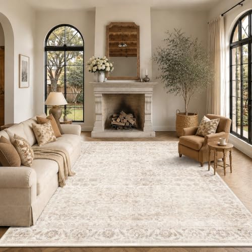 Washable 9x12 Living Room Non-Slip Area Rug Retro Beige Large Carpet - Image 3