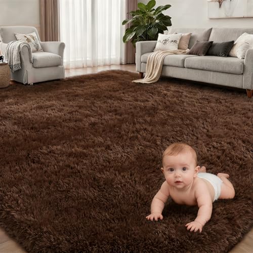 8x10 Area Rug Living Room Bedroom: Fluffy Plush Shag Carpet Brown - Image 2