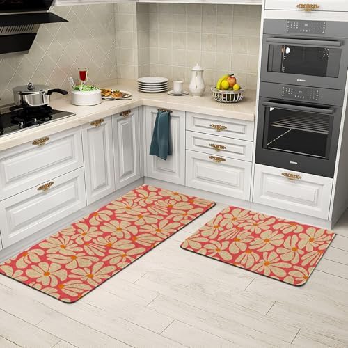 Spring Daisy Floral Kitchen Mats Decor, Pink Retro Groovy Flower Power Kitchen Rugs Sets of 2, Vintage 1970s Floral Rug Home Decorations Indoor, 17" x 30" and 17" x 47" - Image 4
