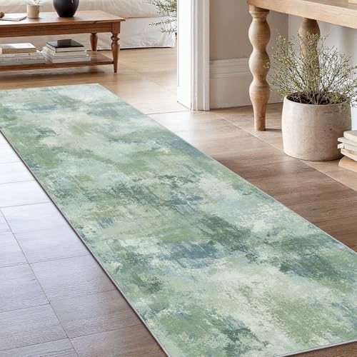 Amada 2'6"x10' Modern Abstract Washable Area Rug for Entryway Green - Image 2