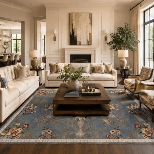 Helthep 8 * 10ft Blue Floral Vintage Washable Area Rug for Living Room by Helthep