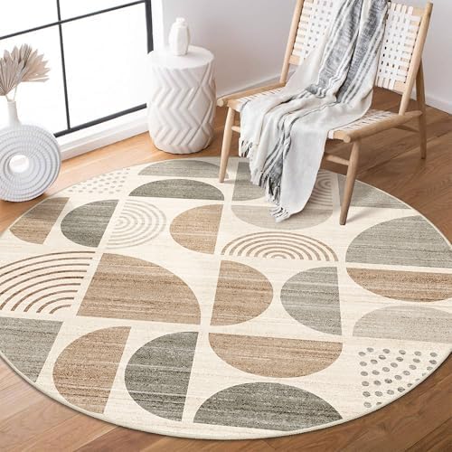 MUJOO Round Rug 4ft Small Circle Area Rug Washable Non Slip Modern Abstract by MUJOO