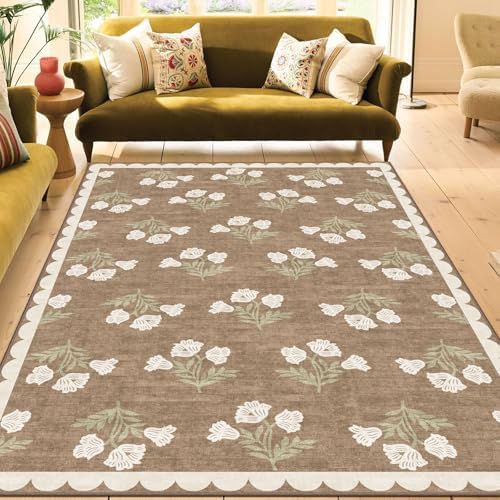 Boho Tan Living Room Rug 6x9 - Soft Washable Floral Neutral Farmhouse Scalloped Bedroom Area Rug Stain Resistant Dining Room Rugs for Under Table Non Slip Rugs for Bedroom Living Room Decor by Othilic