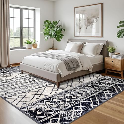 KUTA Boho Geometric Washable Area Rugs 9x12 Living Room Black Navy Blue - Image 3