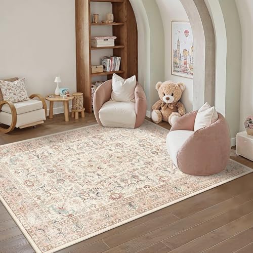 5x7 Washable Bedroom Area Rug Non-Slip Vintage Pink Throw Carpet - Image 4
