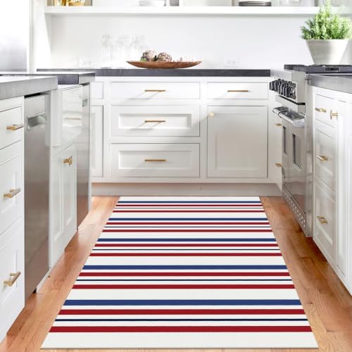 IOHOUZE Patriotic Striped Outdoor Rug 4x6, Washable, Red White Blue - Image 2
