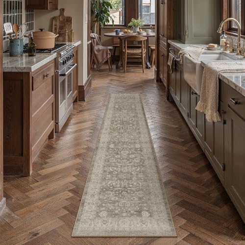 PureCozy Brown Gray Runner Rug 2x8 Vintage Floral Distressed by PureCozy
