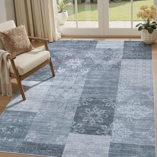 UERMEI 5x7 Area Rug for Living Room - Washable Vintage Carpet, Non-Slip Soft Large Indoor Floor Rugs for Bedroom Home Office & Under Dining Table Decor, Blue Block - Image 3