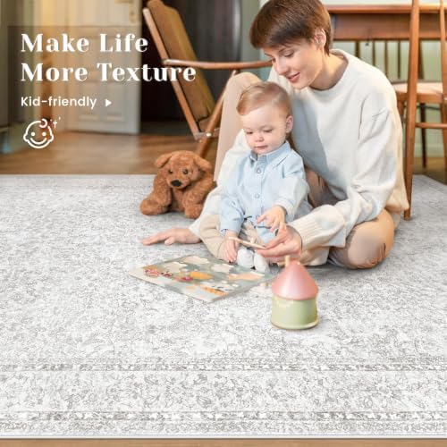 Round Rugs 4ft Vintage Floral Small Circle Rug, Washable Non Slip Soft Low Pile Stain Resistant Carpet for Living Room Bedroom Entryway Dining Room (FloralGrey, 4' Round) - Image 5