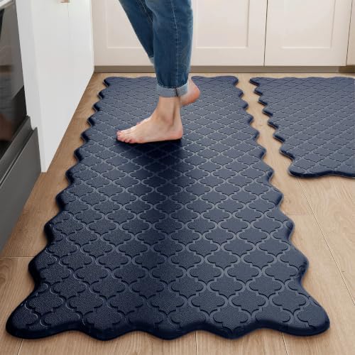 Arenarug Upgrade Scalloped Kitchen Mats for Floor 2PC, Navy Kitchen Rugs by ArenaRug